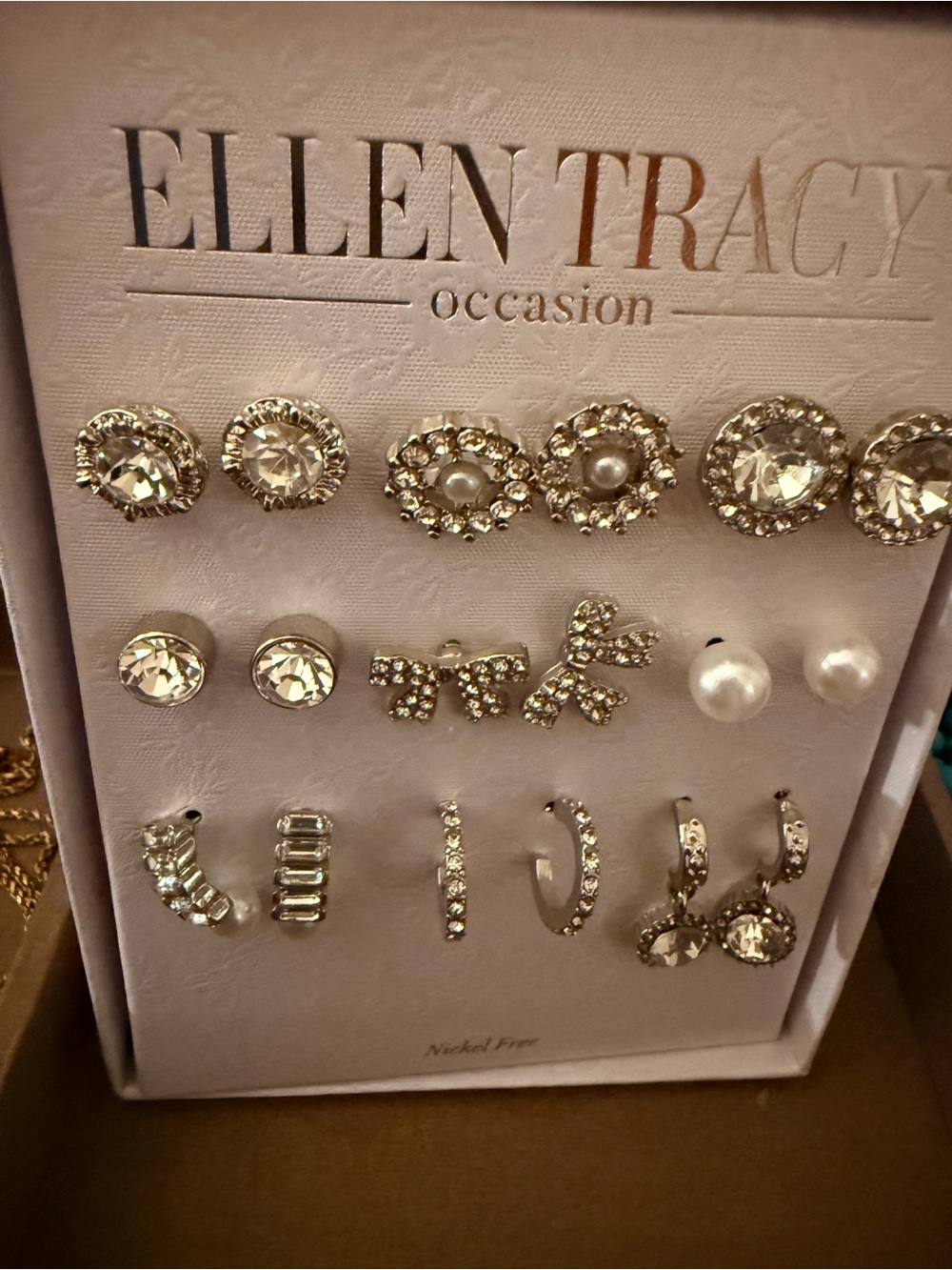 Ellen Tracy Gold Crystal and Pearl Earring Set - 12 Pairs